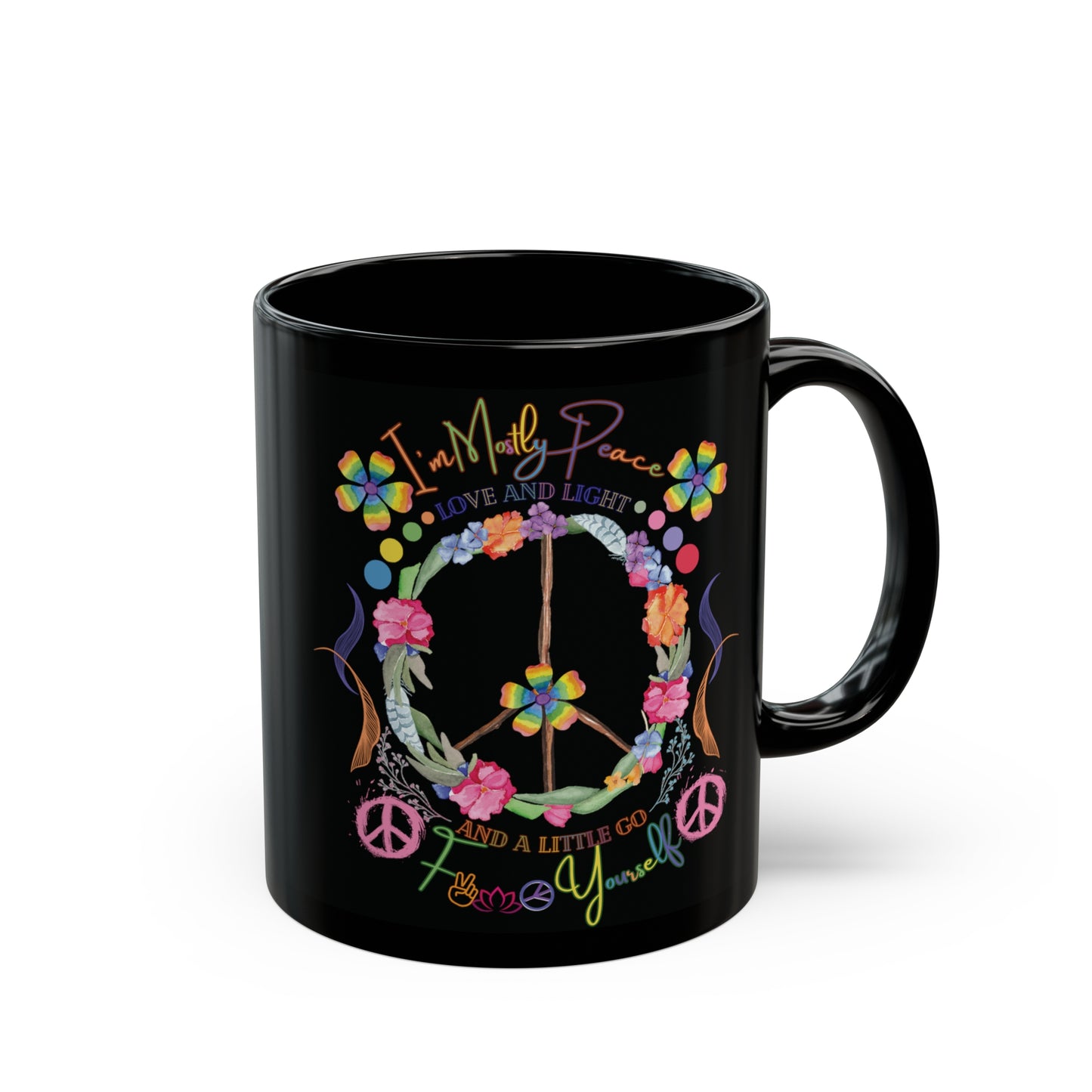 Funny Peace Love & Light Black Mug