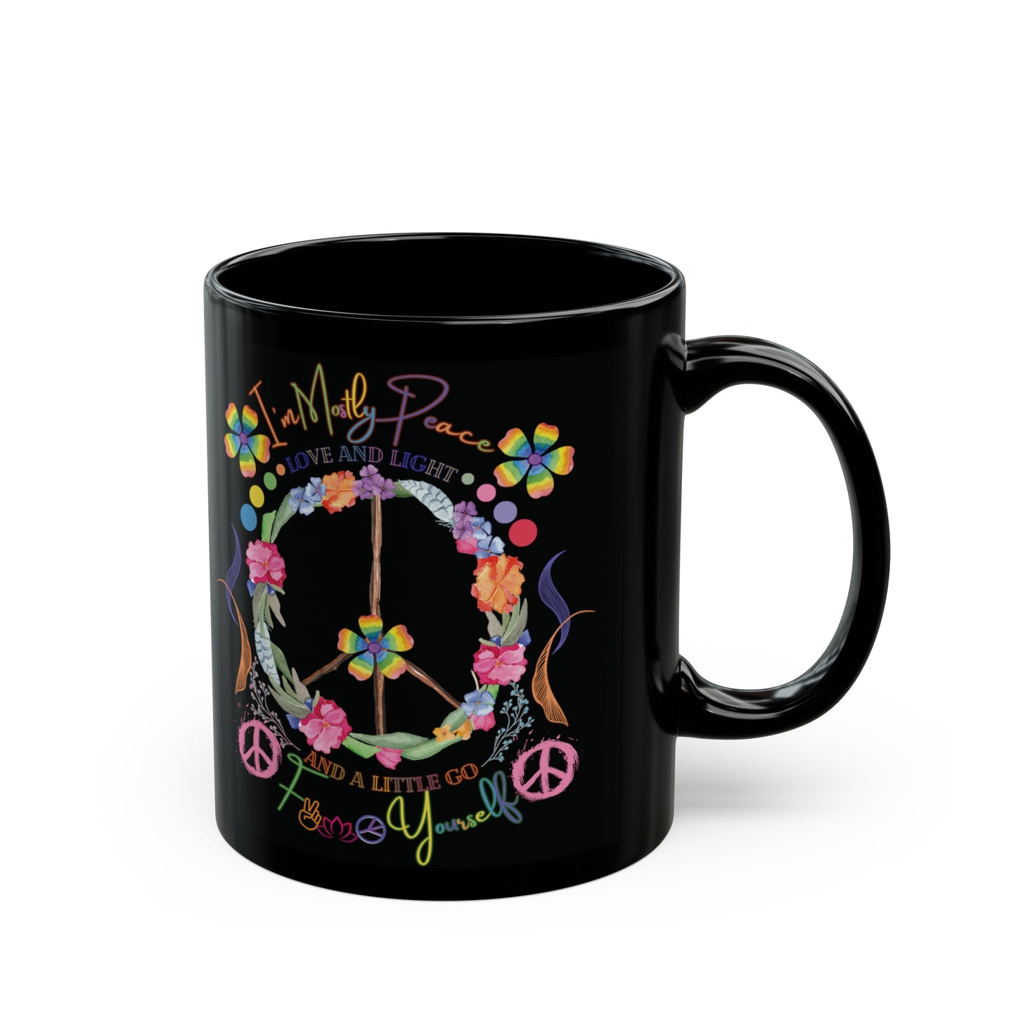 Funny Peace Love & Light Black Mug