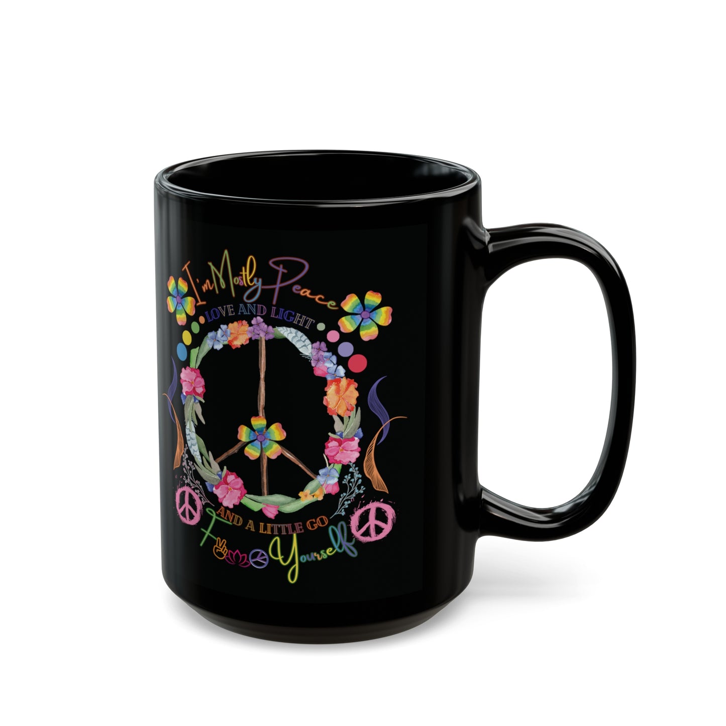 Funny Peace Love & Light Black Mug