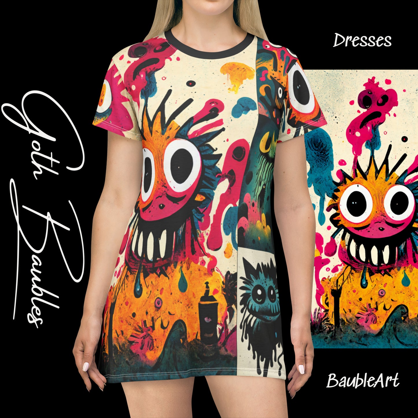 Little Monster Ghouls Color Splash Gothic Art T-Shirt Dress