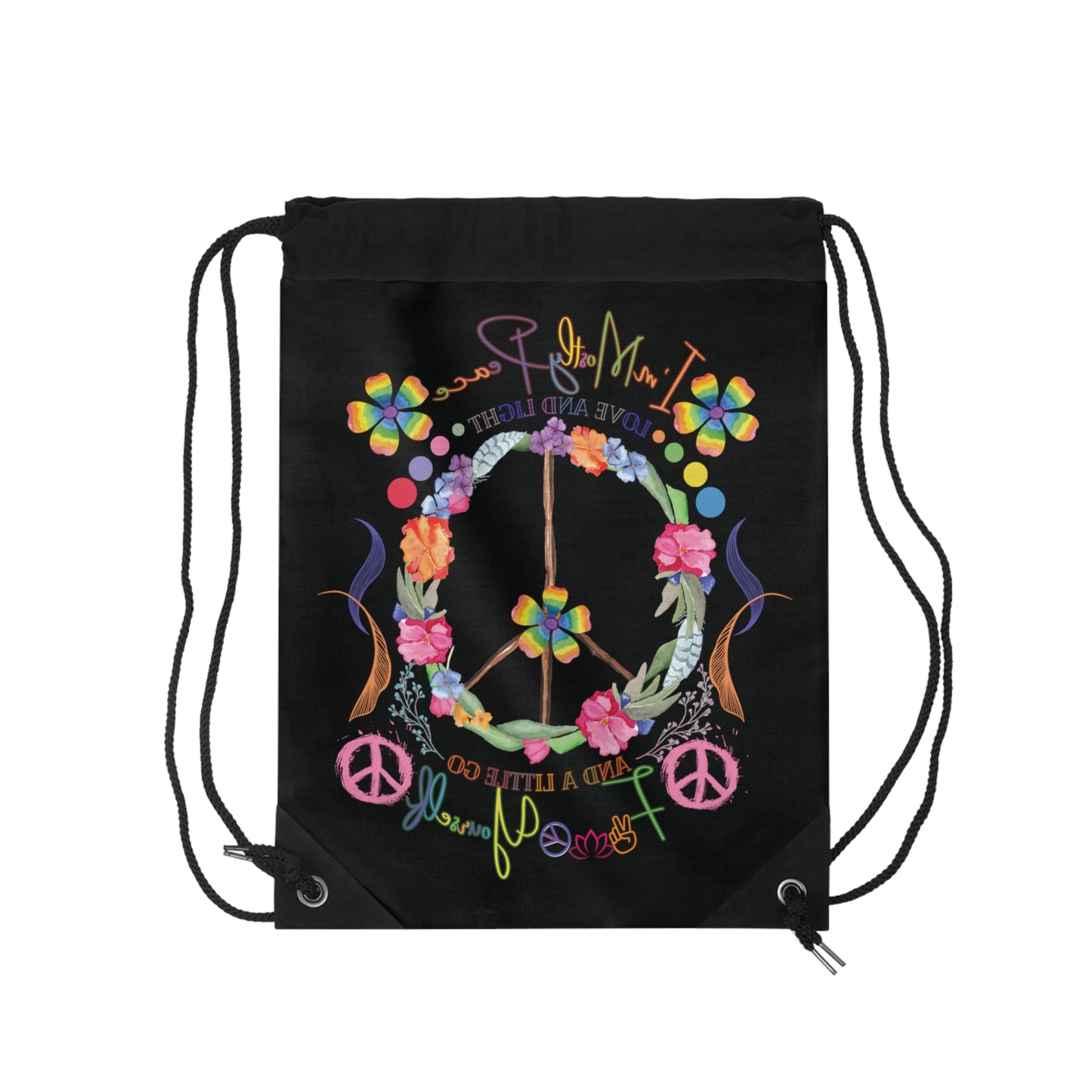 Funny Peace Love & Light Drawstring Bag