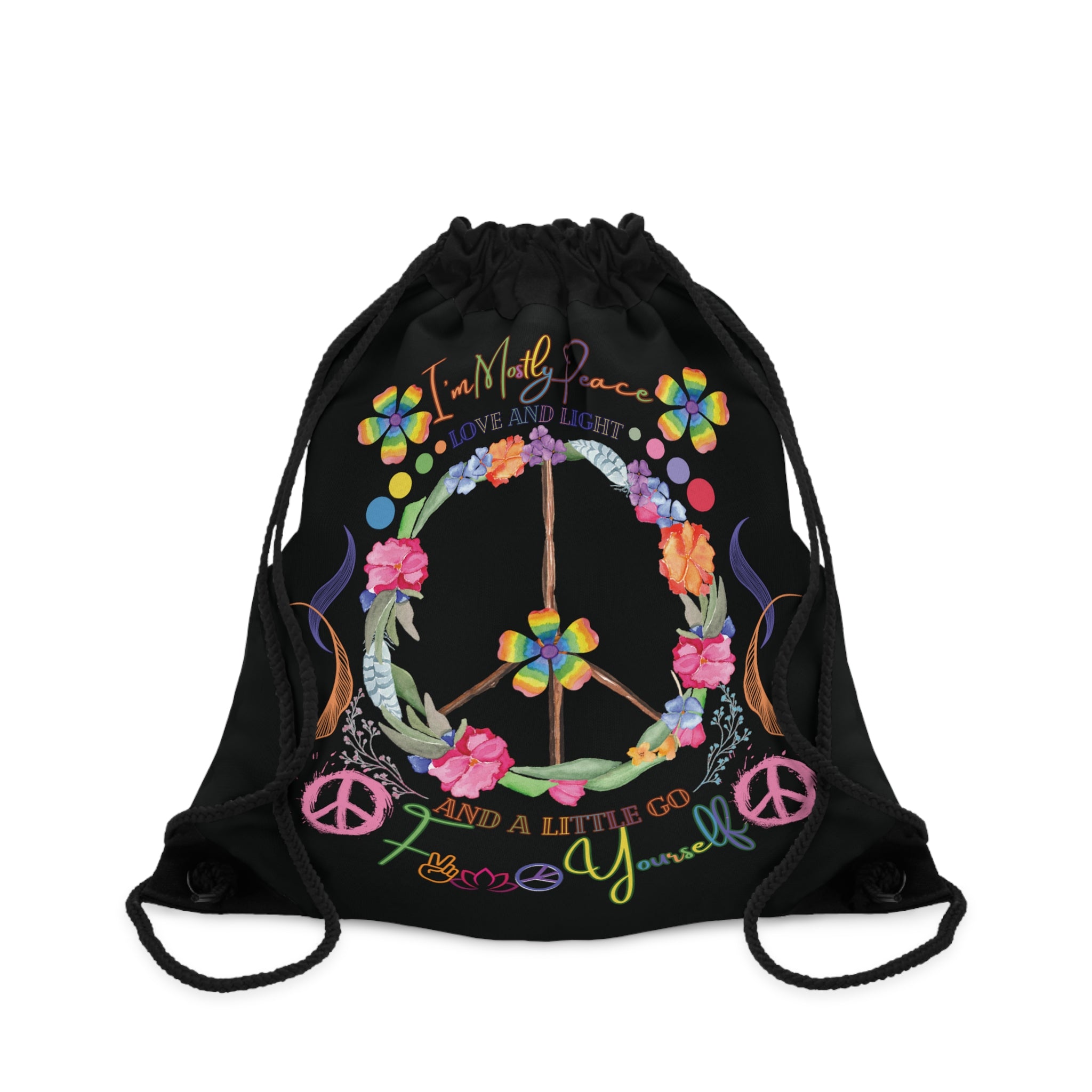 Funny Peace Love & Light Drawstring Bag