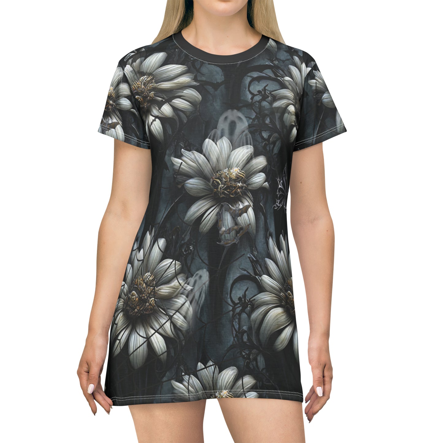 Ghost Vespera T-Shirt Dress | Womens Gothic Horror T-shirt Dress | Floral Gothic Dress