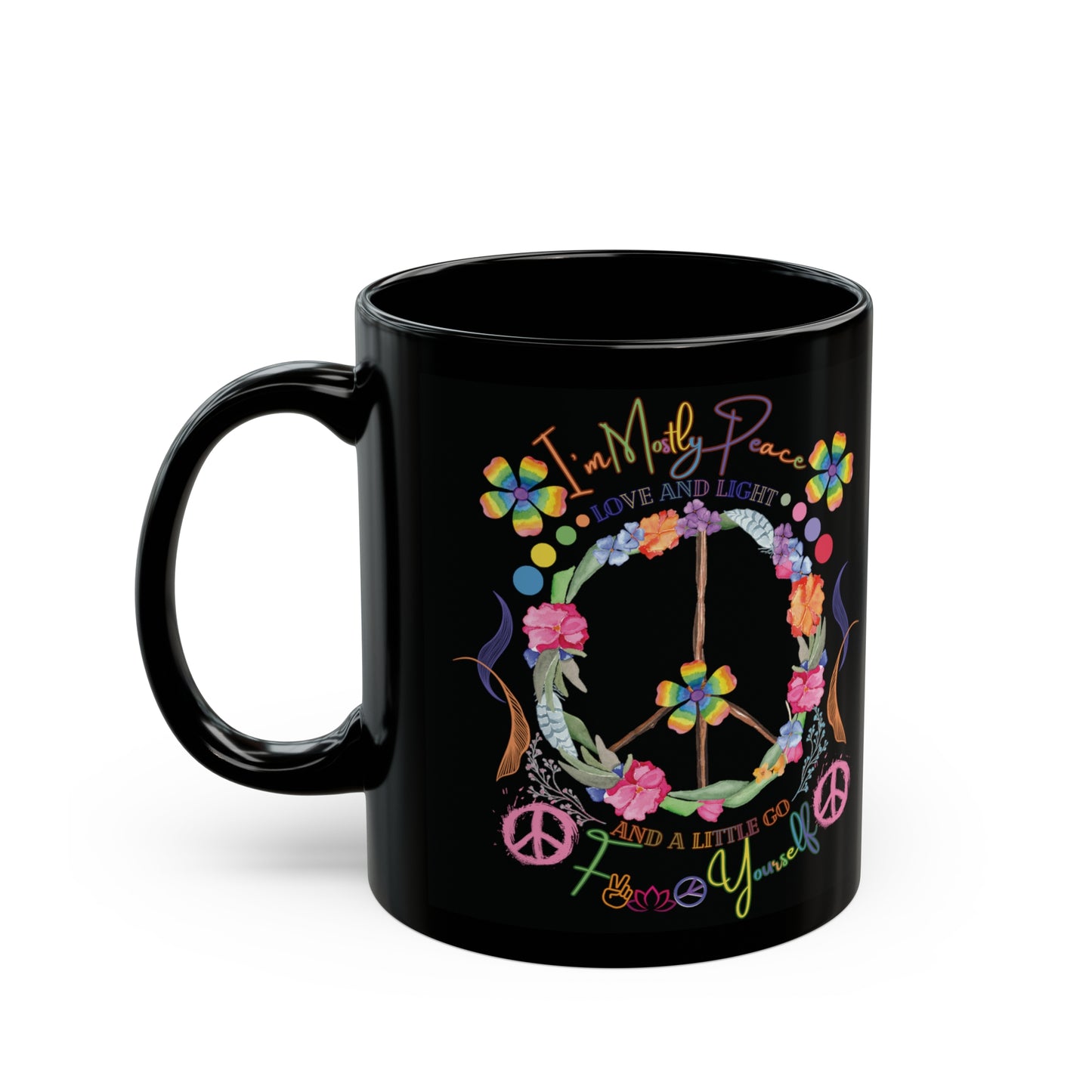 Funny Peace Love & Light Black Mug