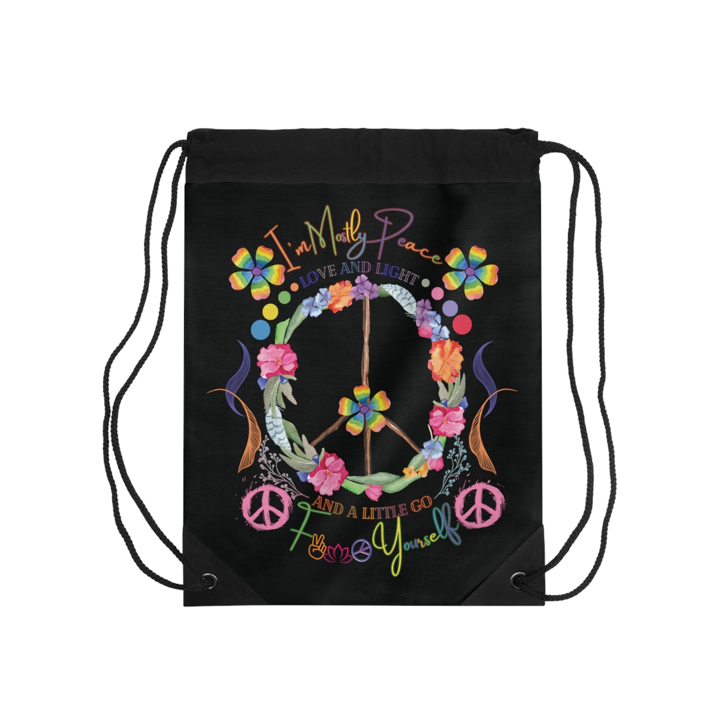 Funny Peace Love & Light Drawstring Bag