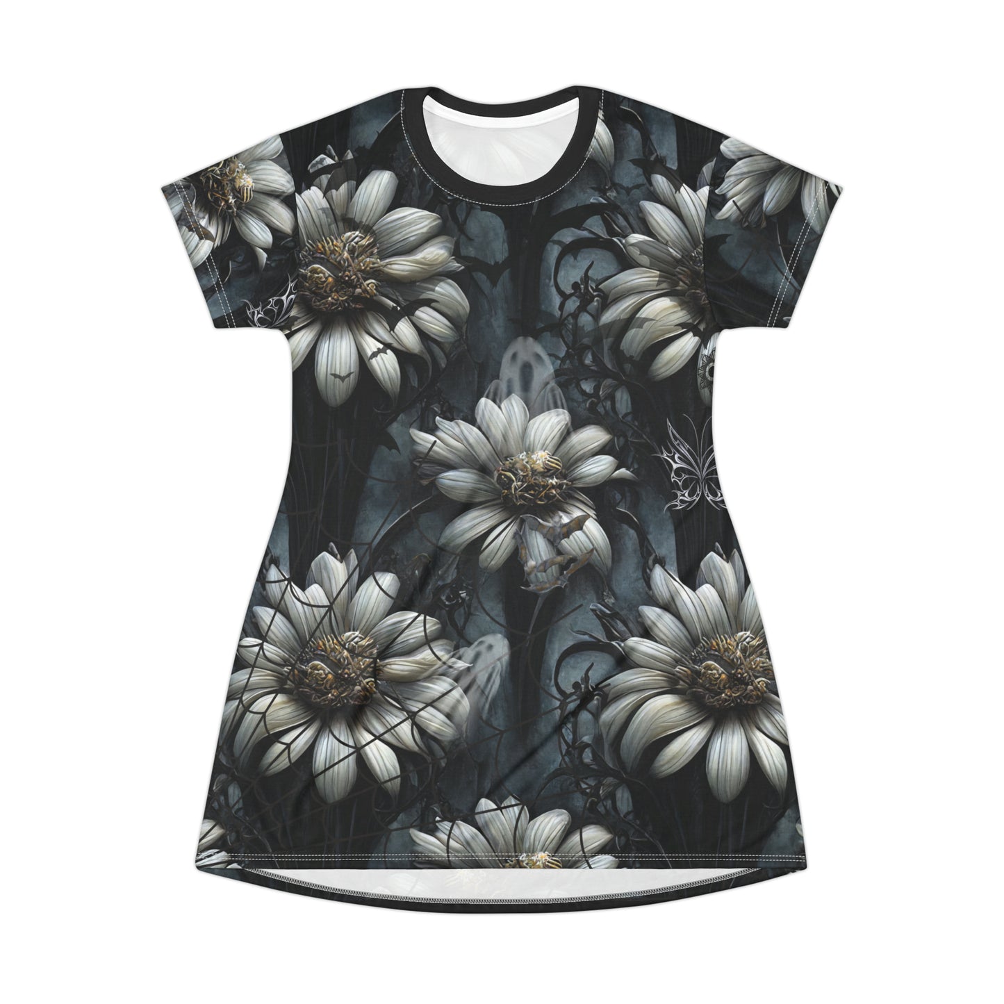 Ghost Vespera T-Shirt Dress | Womens Gothic Horror T-shirt Dress | Floral Gothic Dress