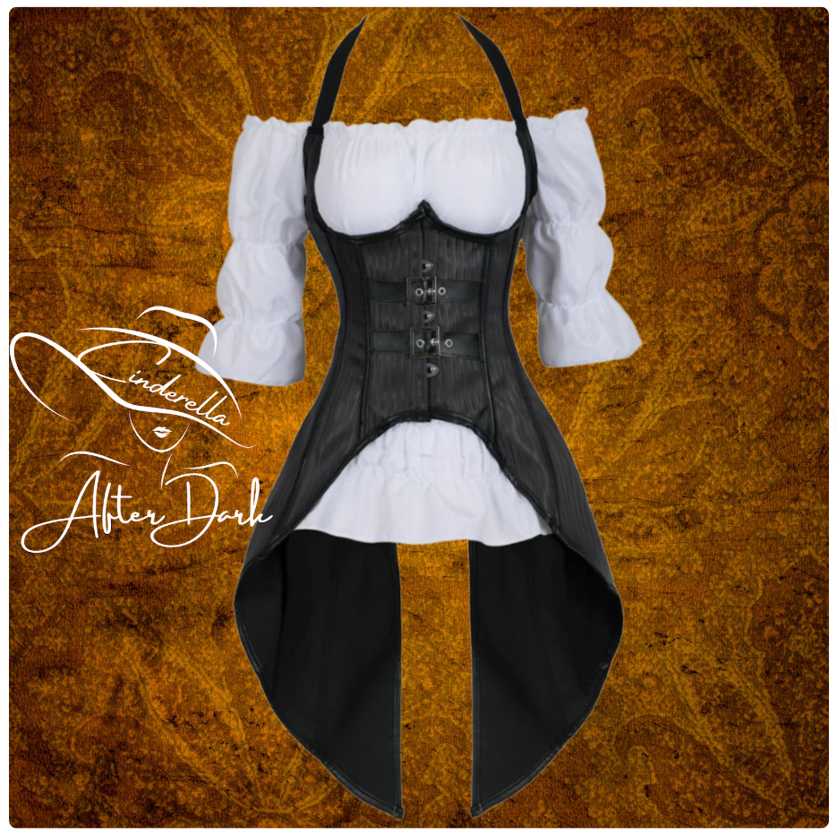 Gothic Victorian Black Winged Corset with White Ruffle Blouse